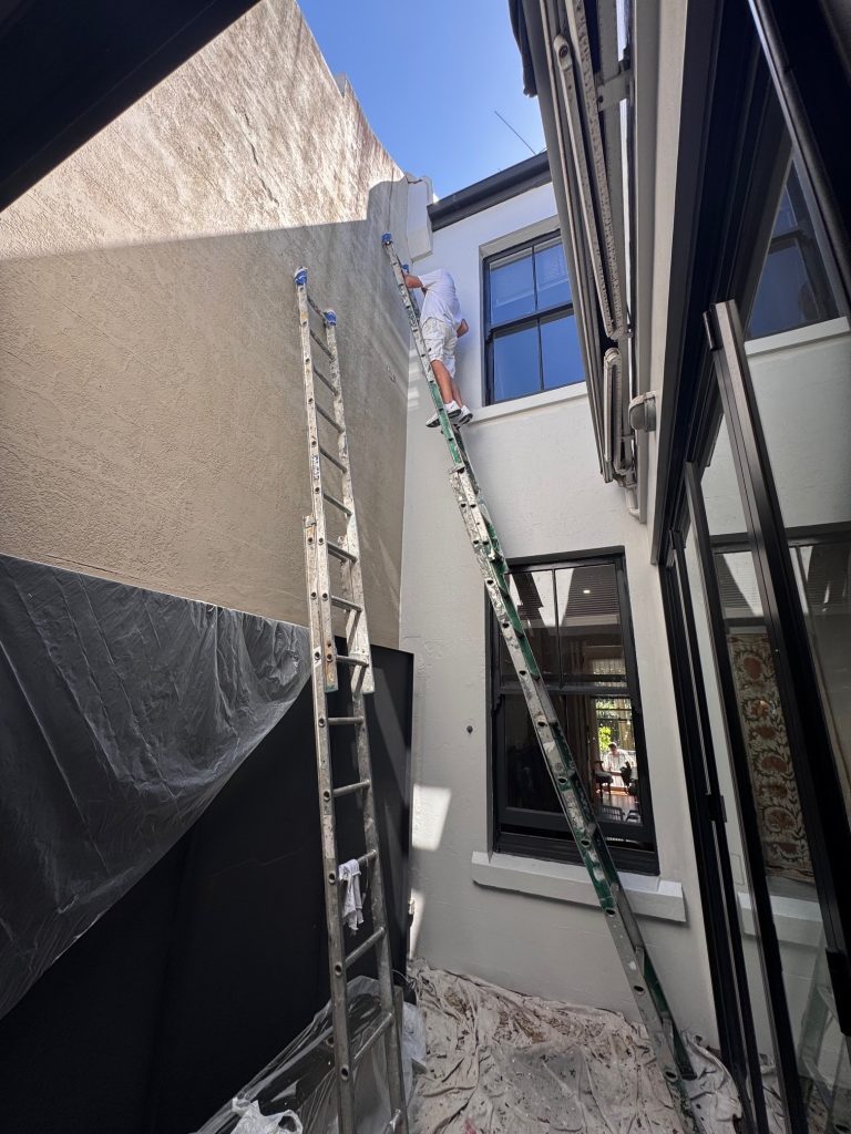 Exterior wall painting in narrow access area of Glebe terrace