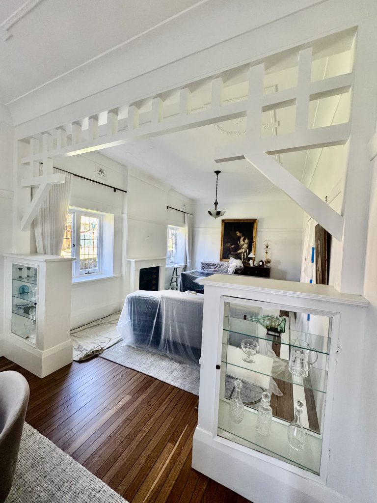 Heritage living room painting project with decorative timber details in Croydon NSW