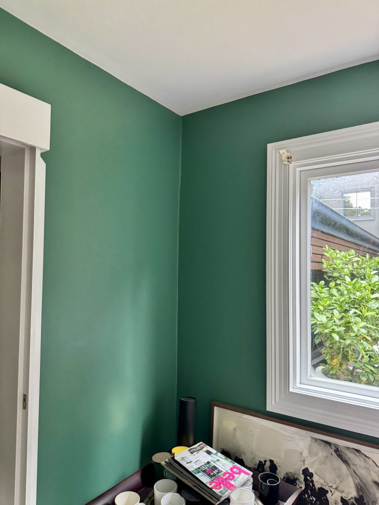 Green feature wall painting with white trim in Enmore residential home